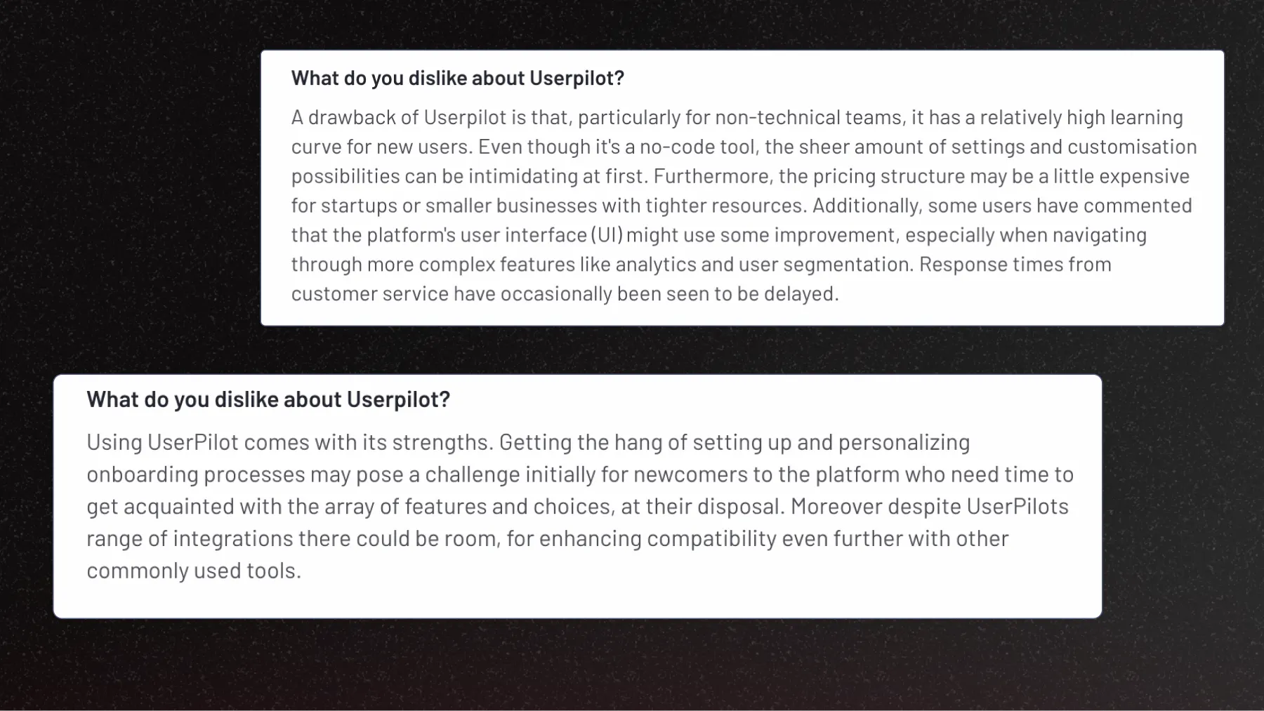 The complex learning curve is one of the main reasons people search for Userpilot alternatives.