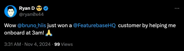 Screenshot of twitter post praising featurebase's onboarding.
