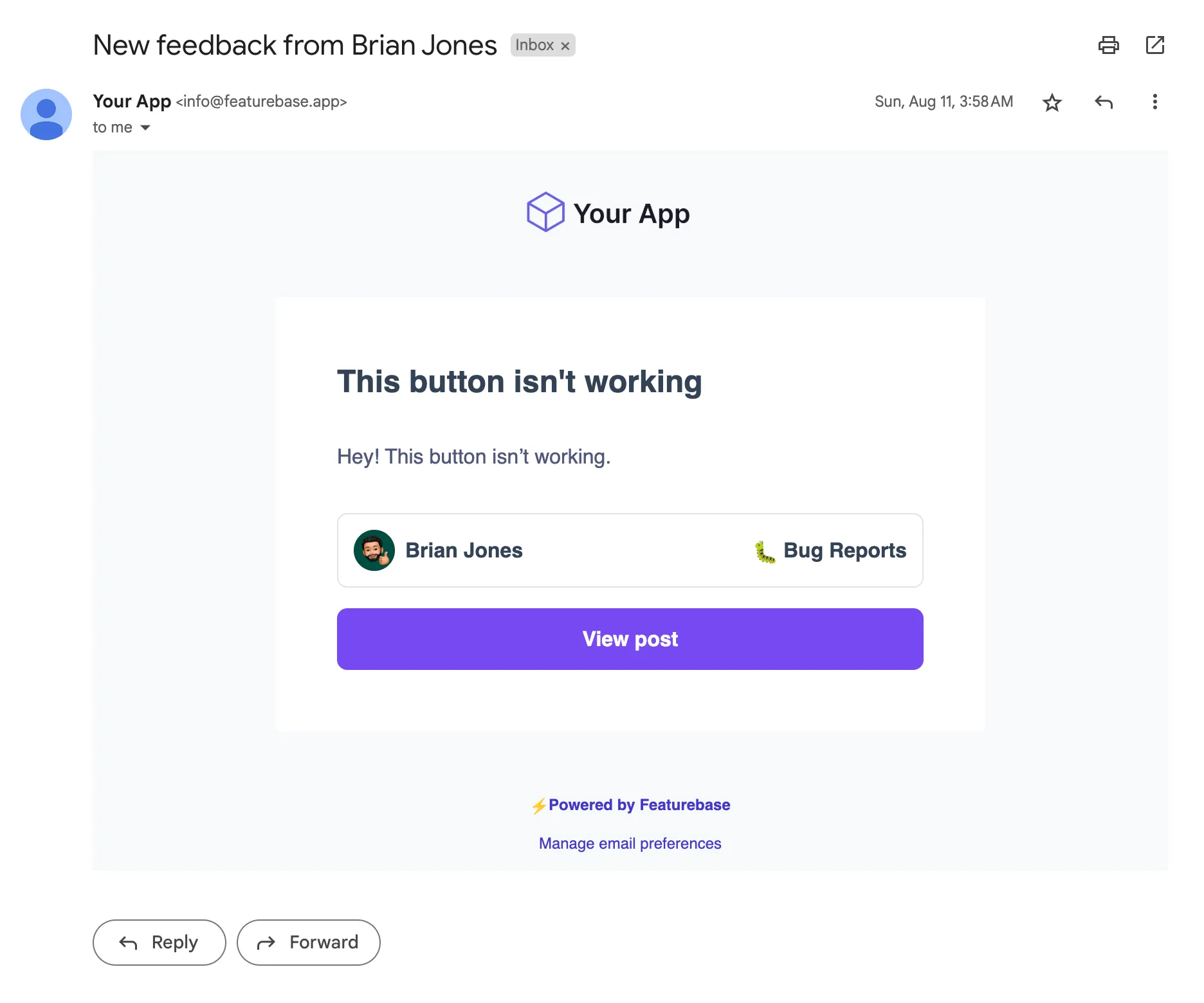 Featurebase's email notifications about new feedback.