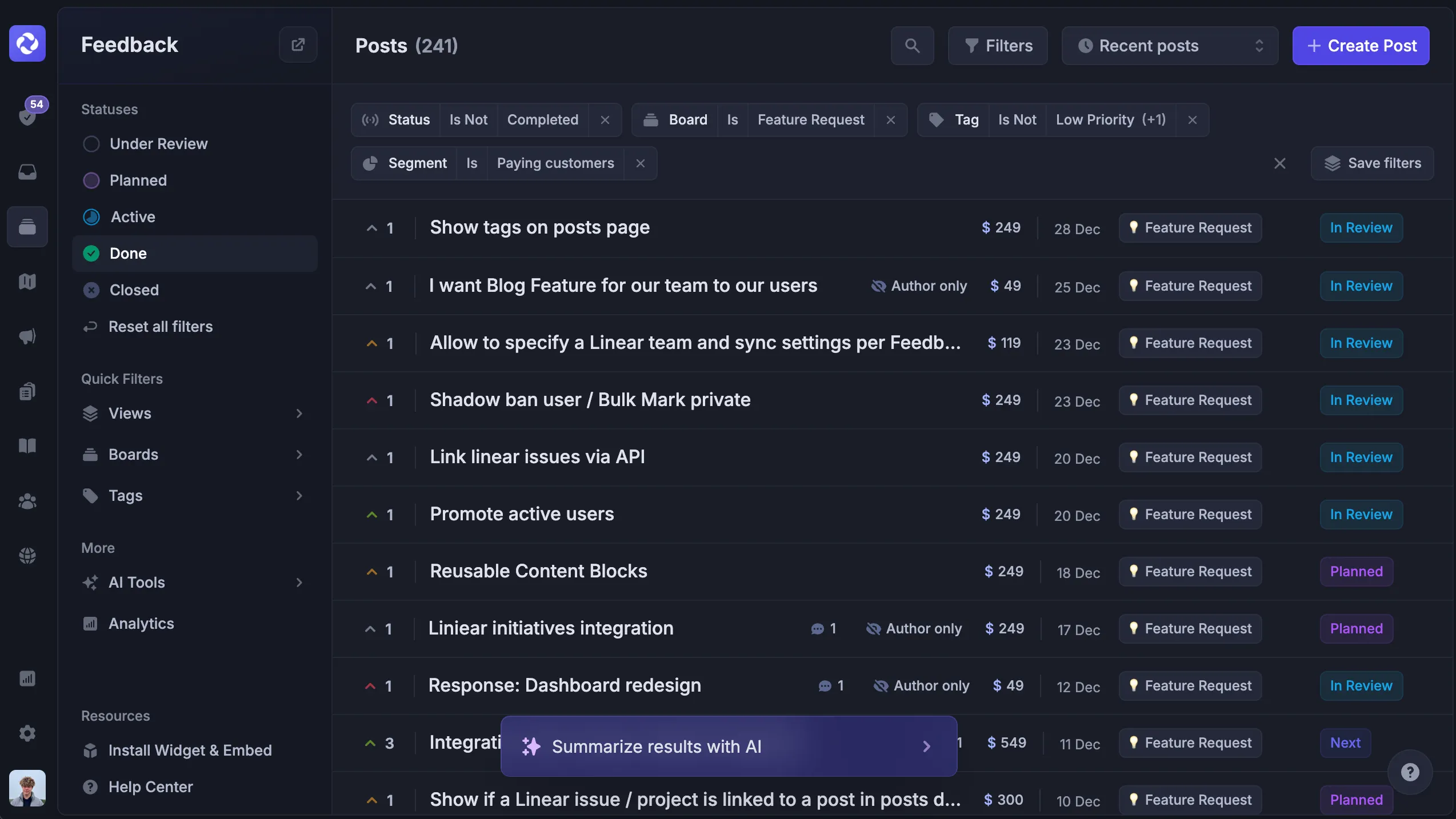 Prioritizing feedback in Featurebase's dashboard.