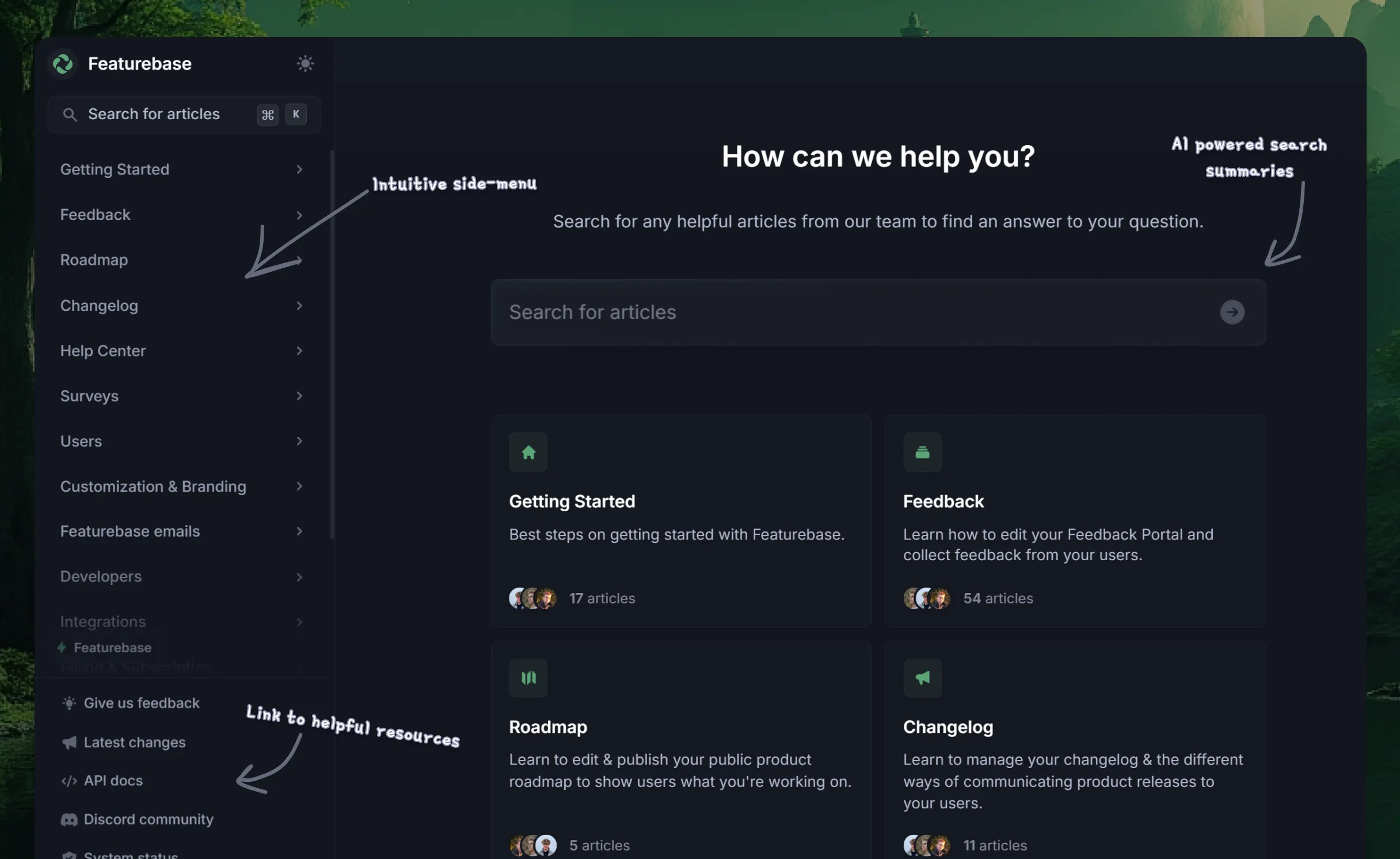 Featurebase's Help Center feature.