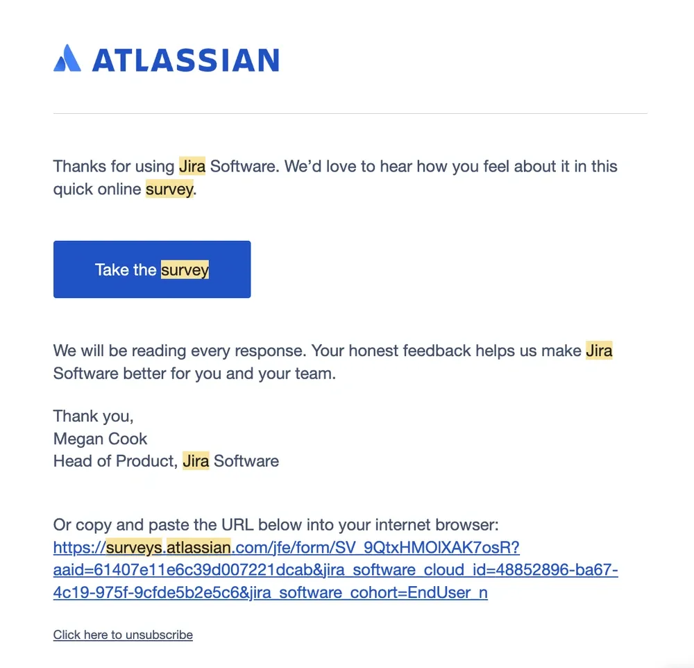 Jira's effective customer feedback email template.