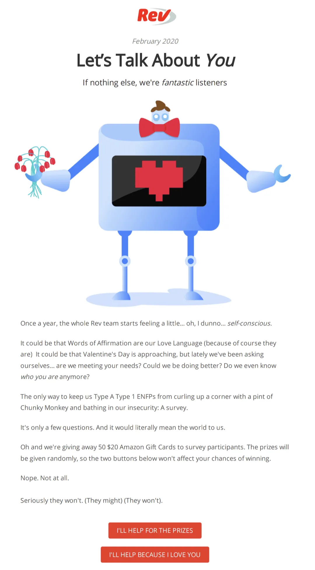 Rev's funny customer feedback email example.