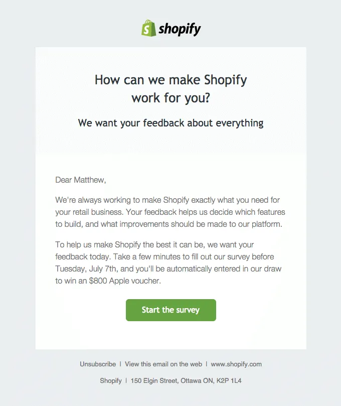 Shopy's rewarded customer feedback email example.