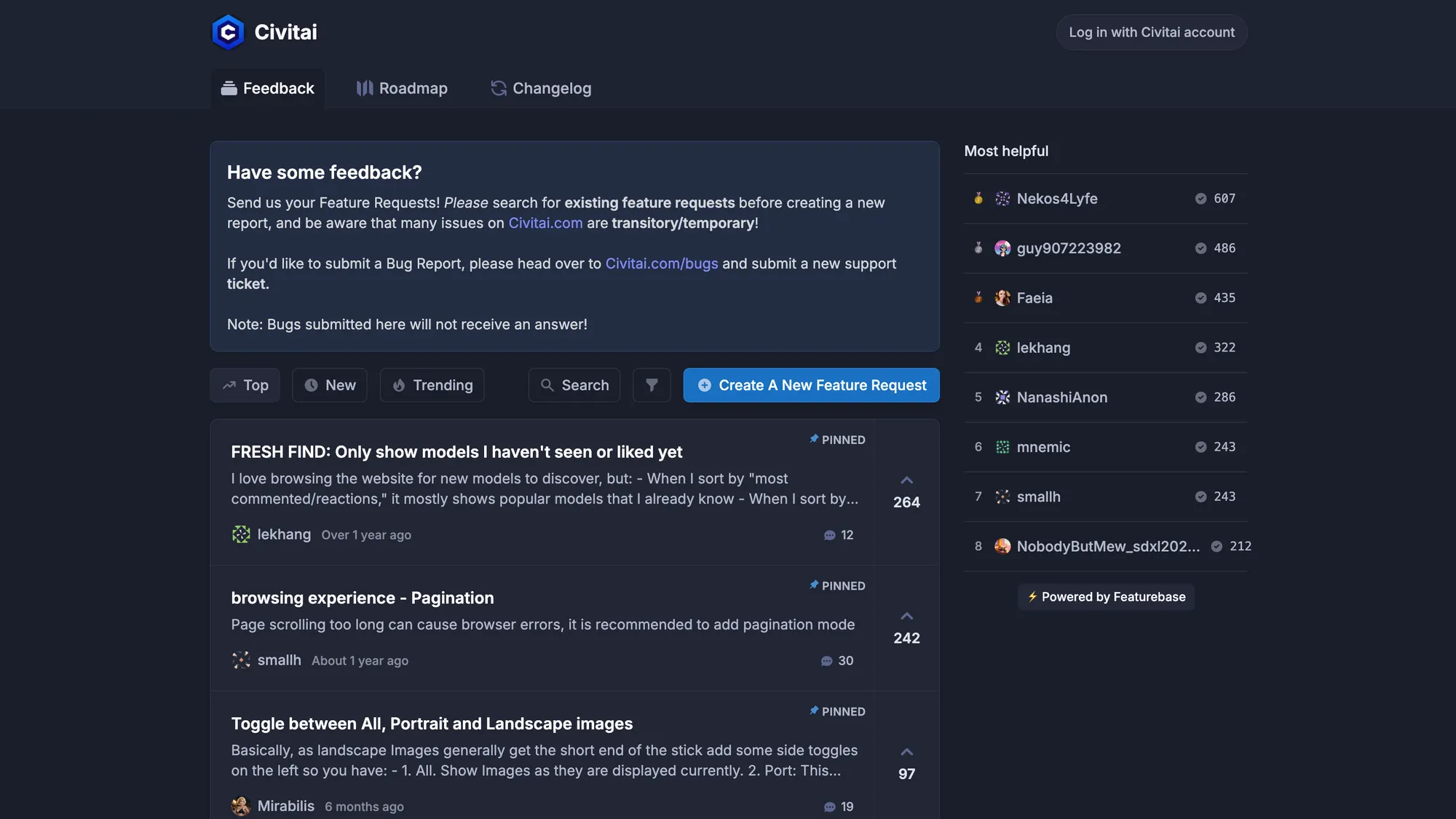 Civitai’s public feedback portal.