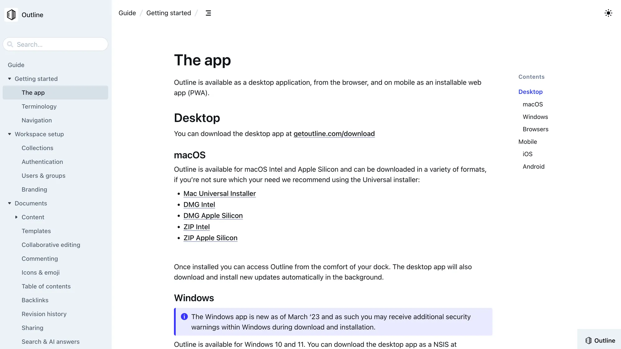 Outline product docs