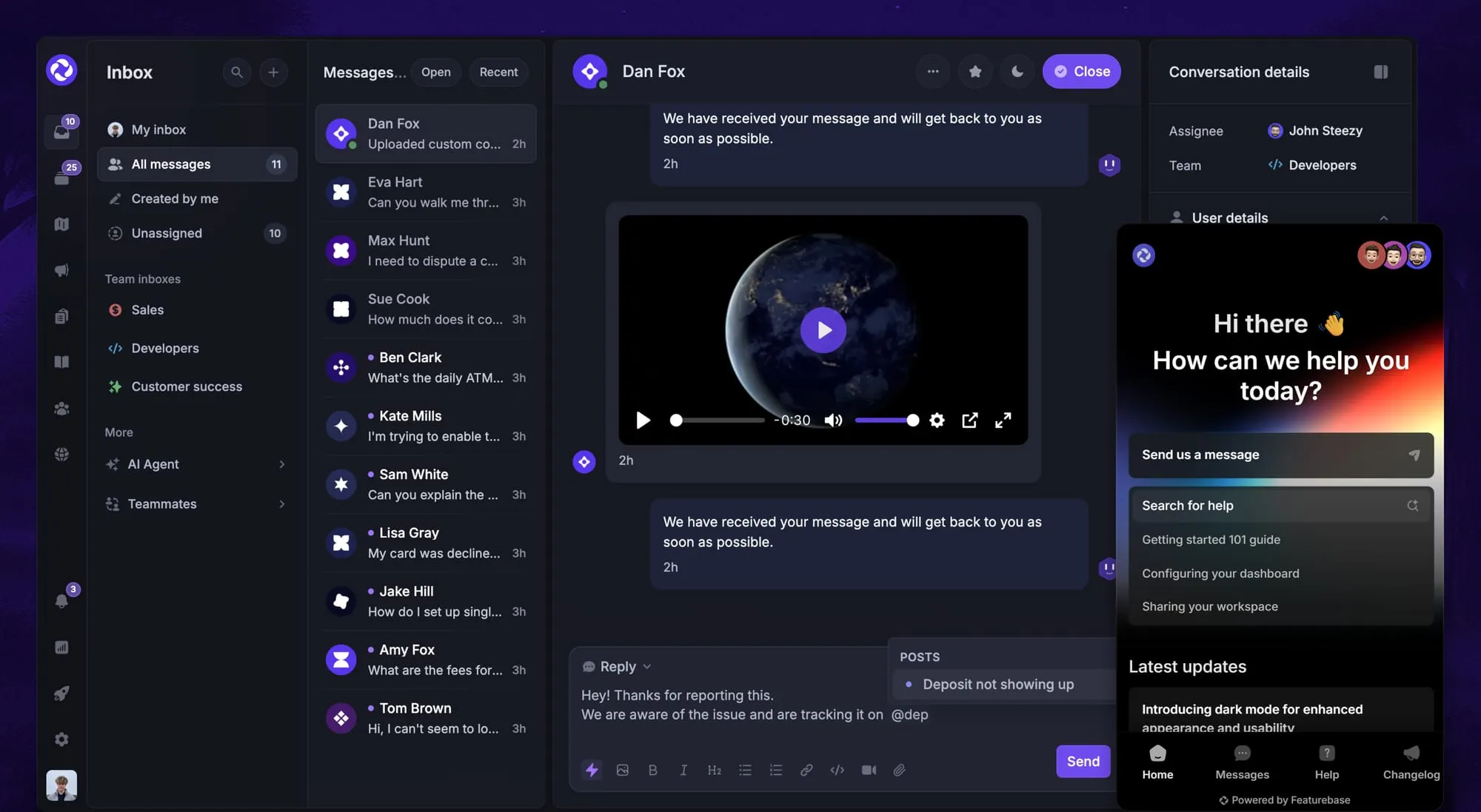 Featurebase's support inbox and messenger.