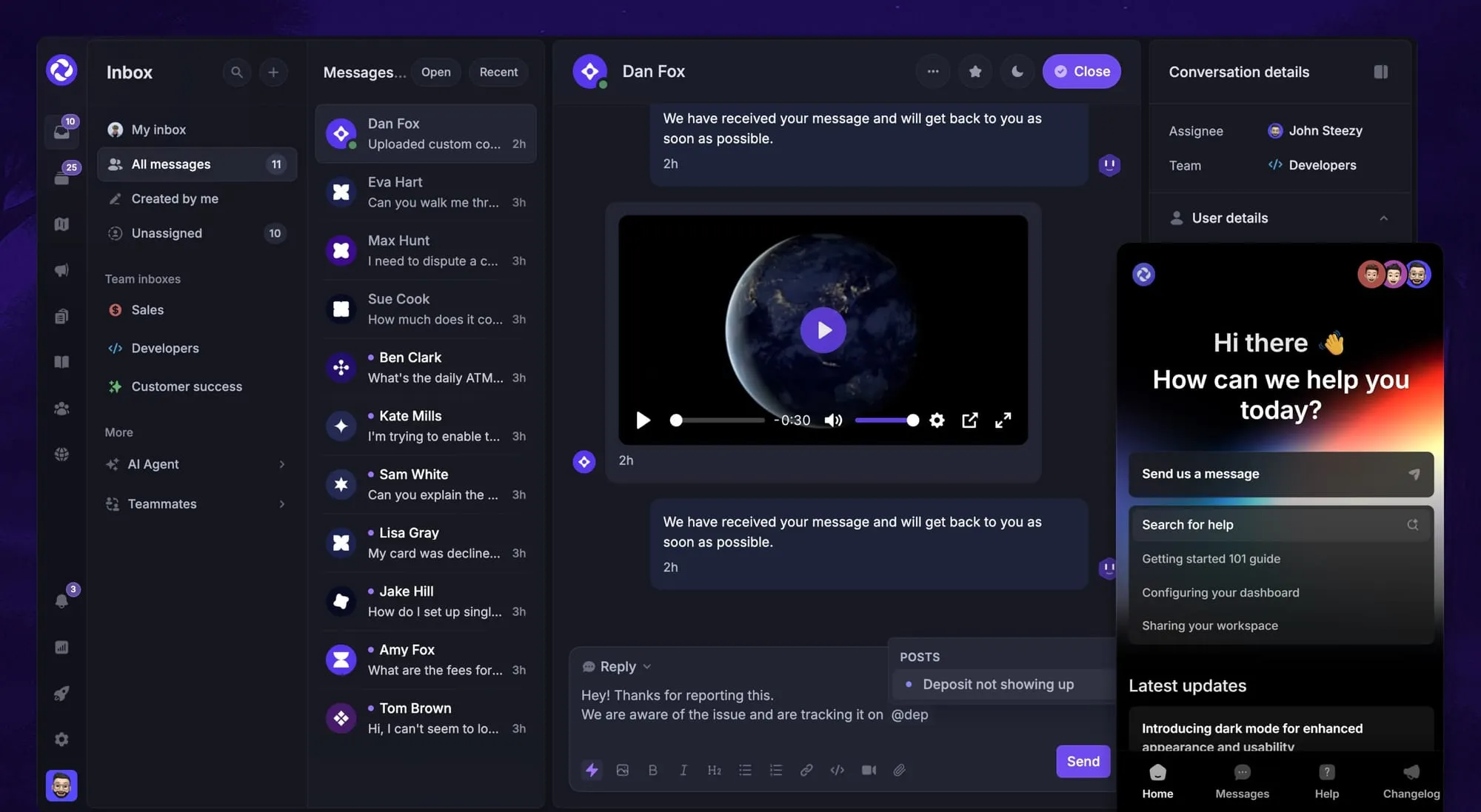 Featurebase's support inbox and messenger.