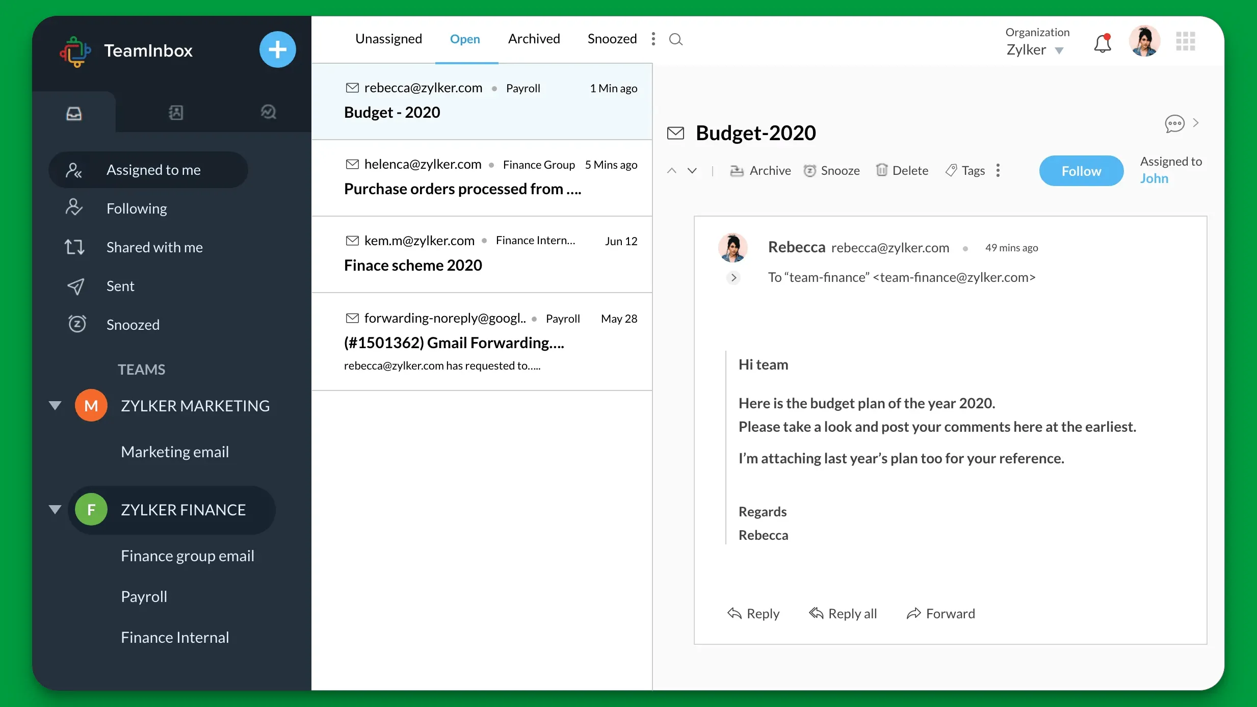 Zoho desk inbox.