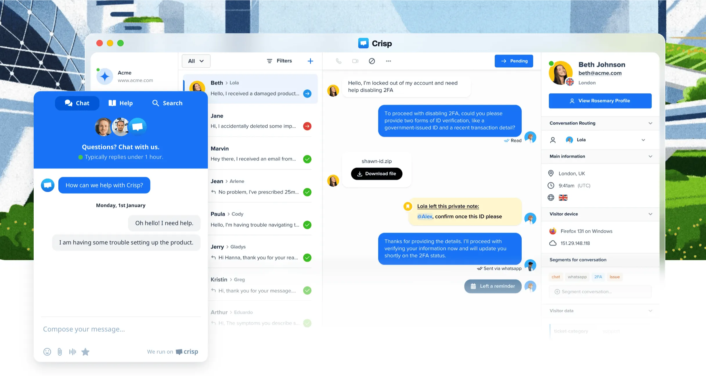 Crisp inbox and live chat.