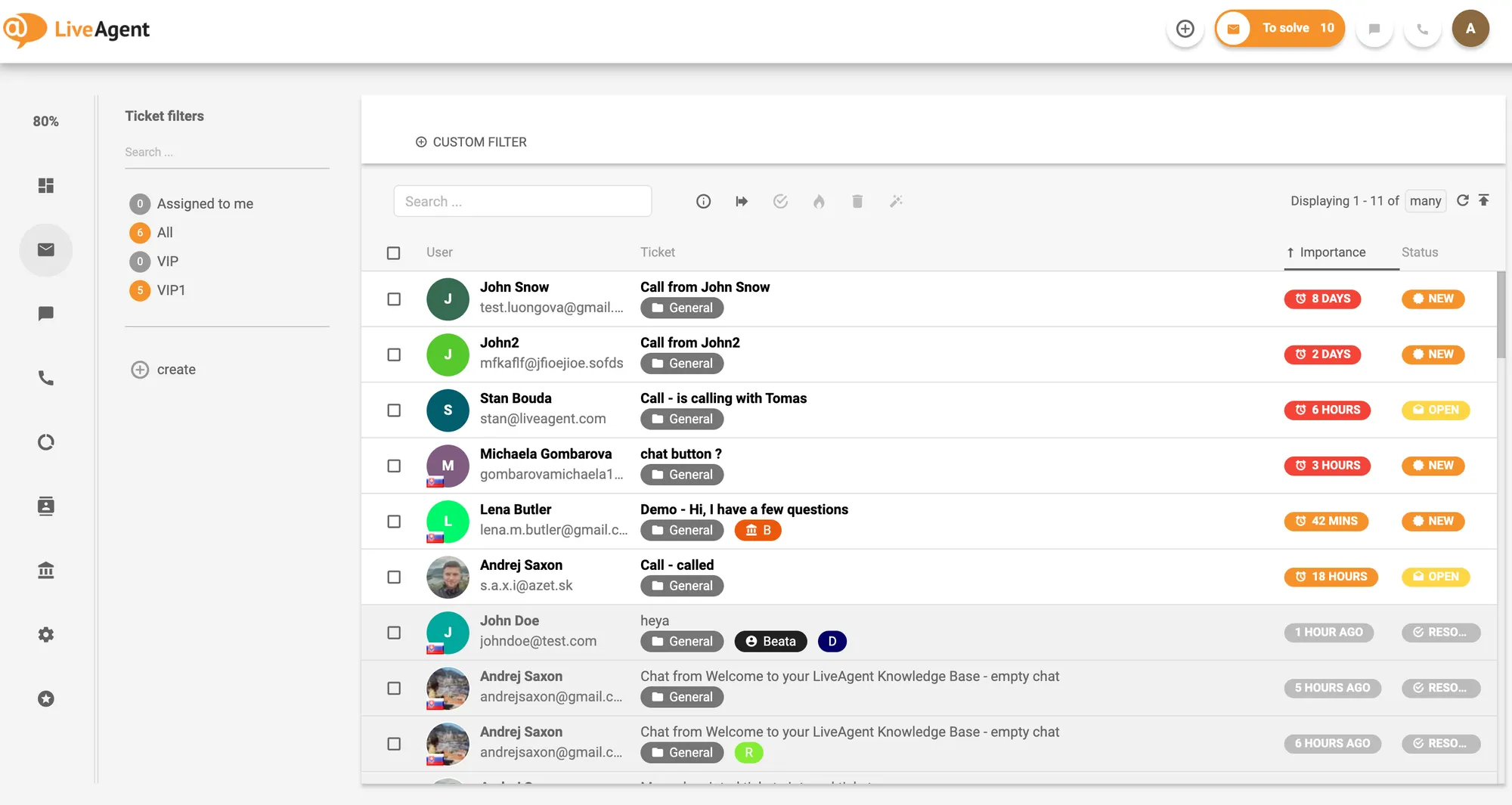 LiveAgent support inbox.