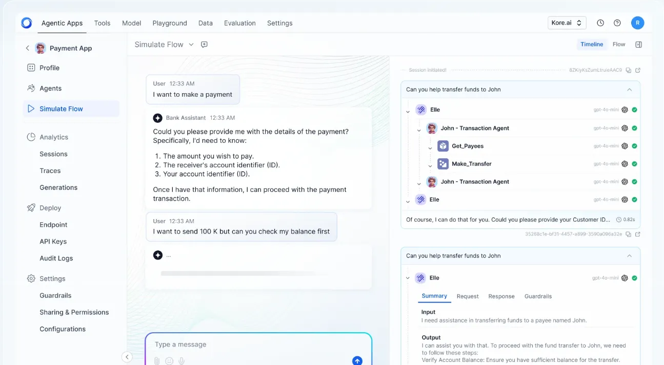 Kore AI agentic AI dashboard
