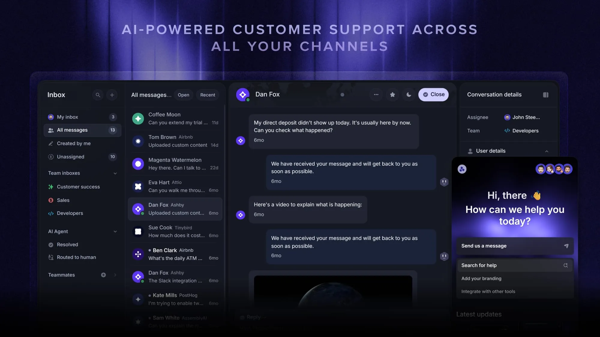 Featurebase's support inbox and messenger.