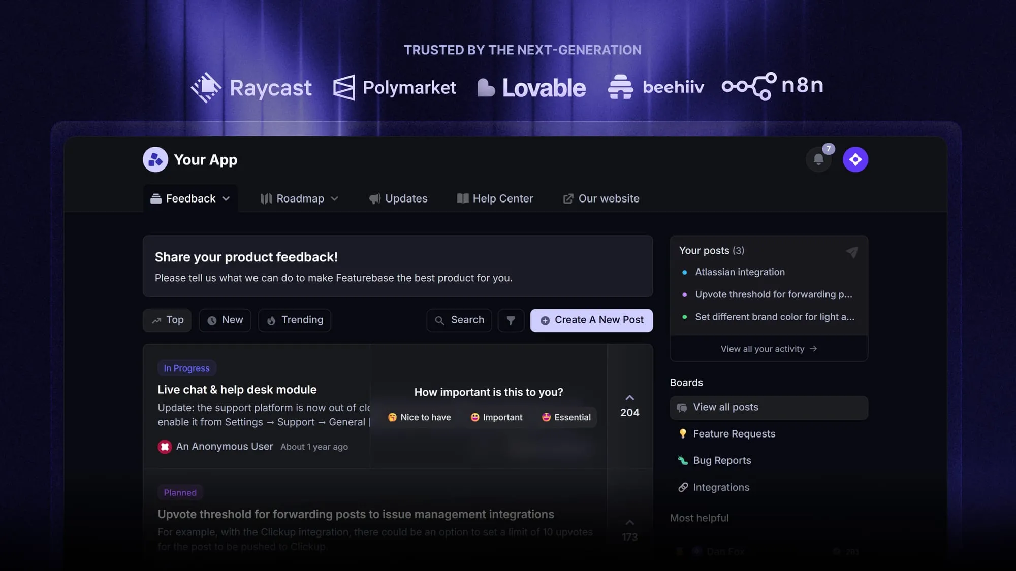 Featurebase's feedback forum with feature voting.