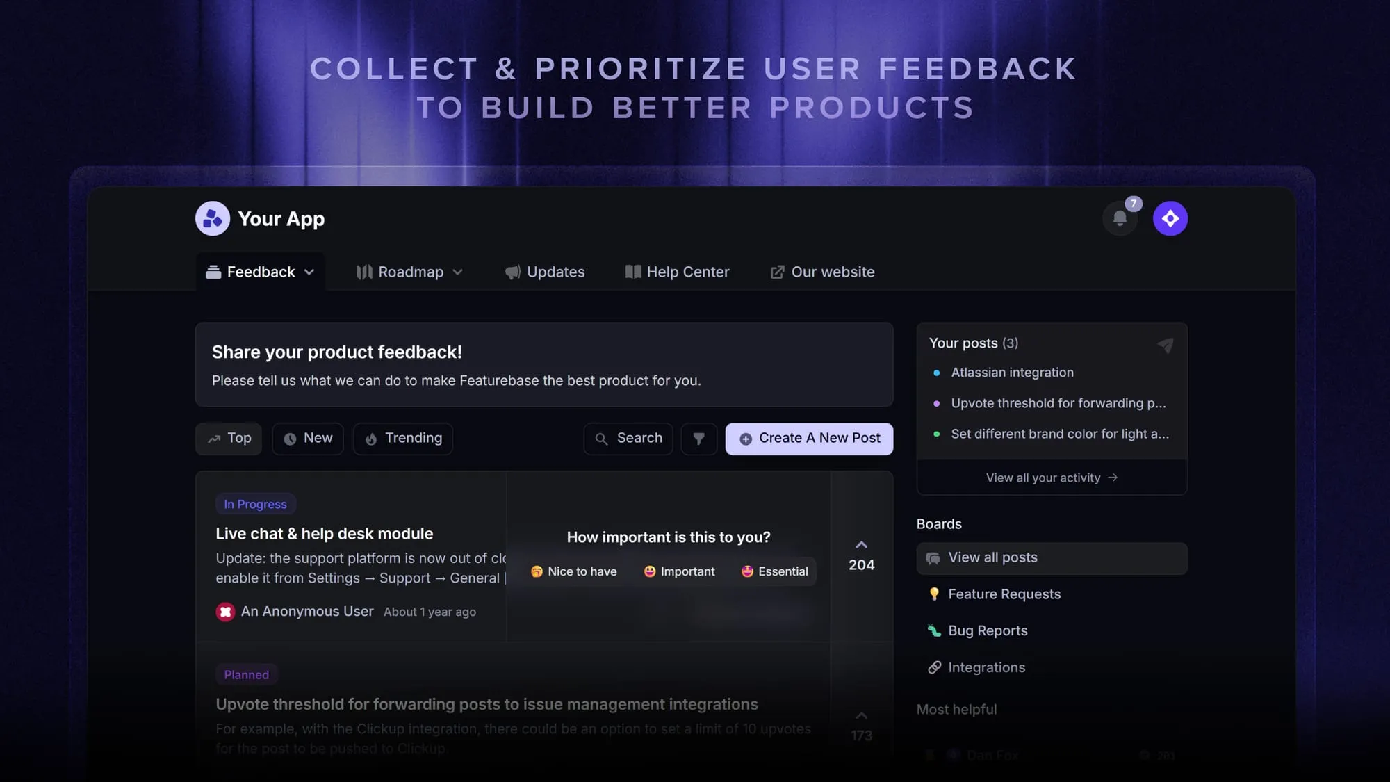 Featurebase's feature voting board for feature requests.