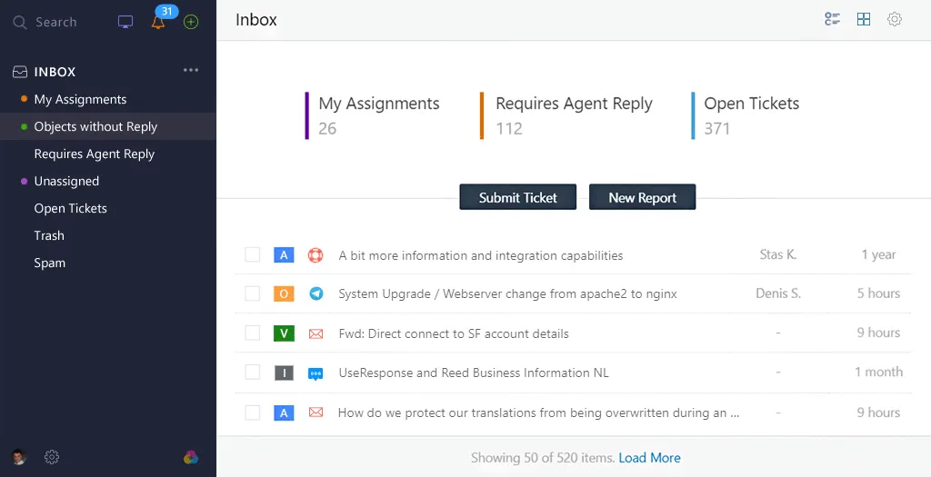 UseResponse customer support inbox.