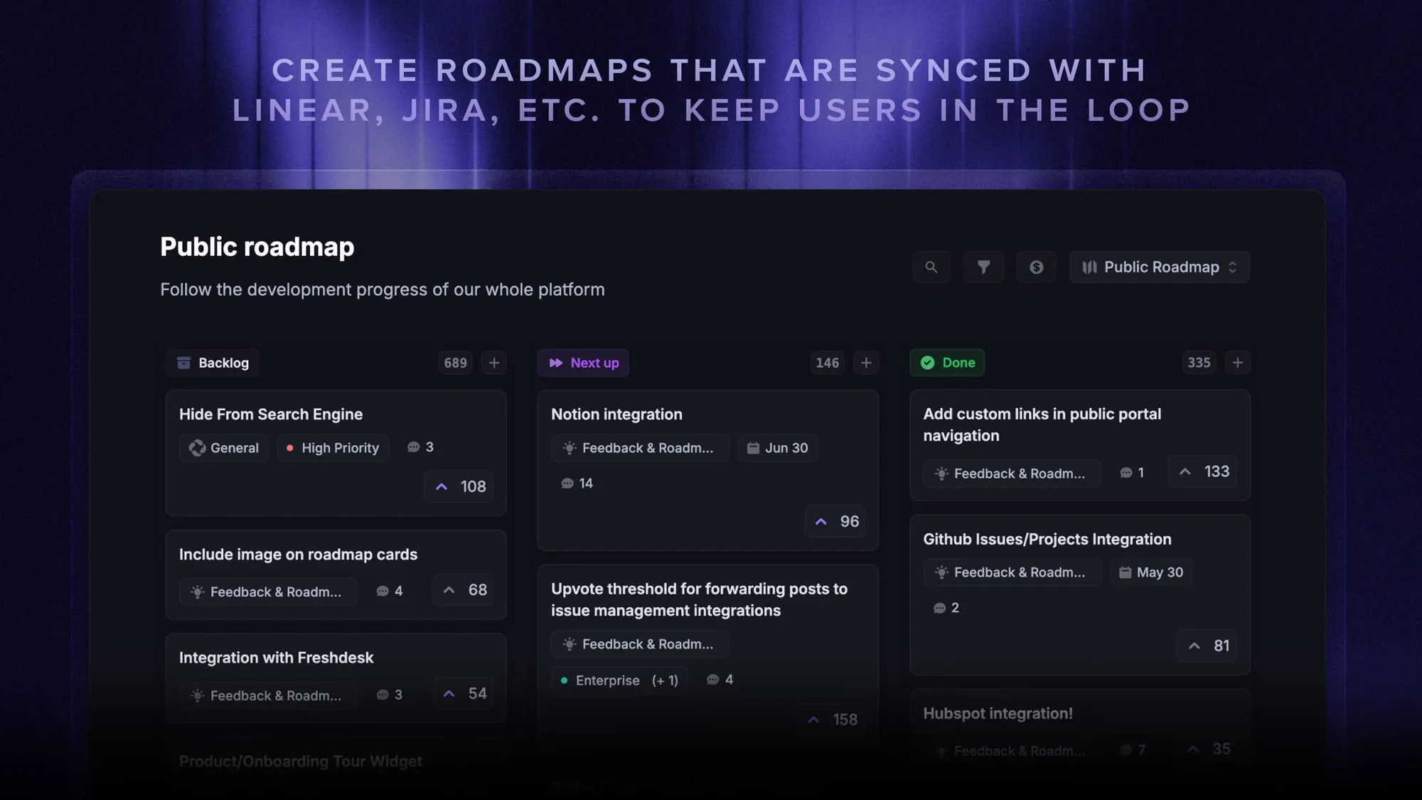 Featurebase's public roadmap with feature voting.