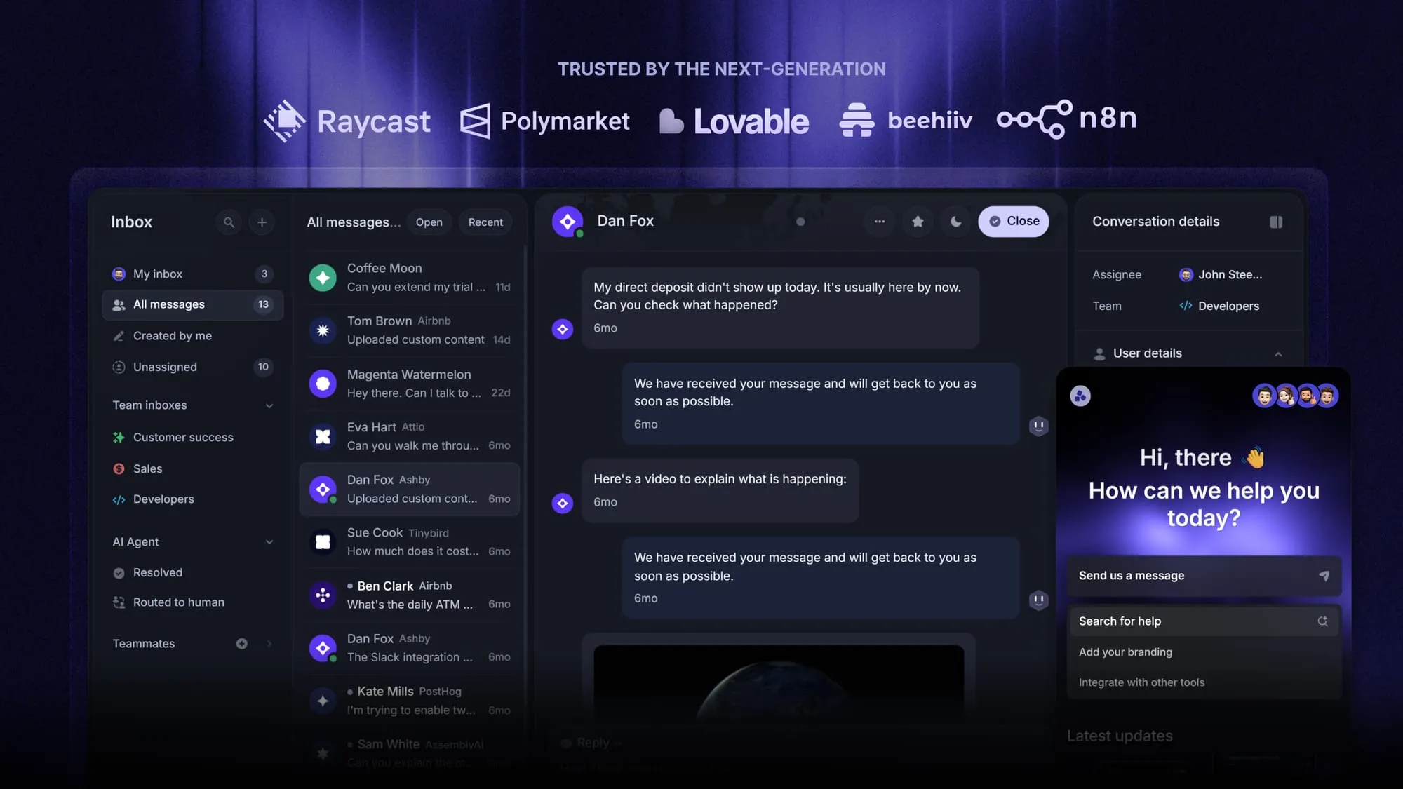 Featurebase's customer support inbox and live chat widget with AI.