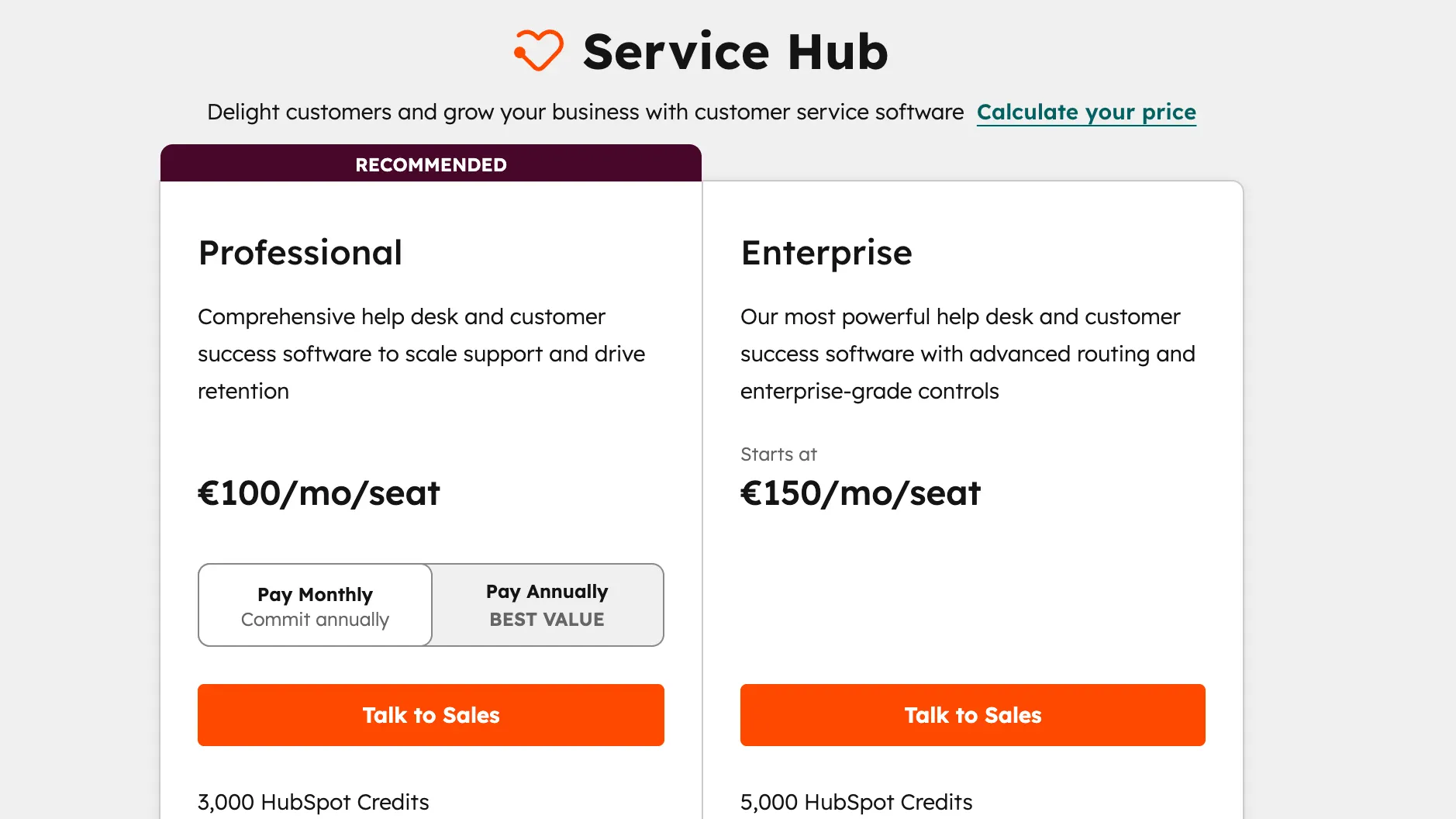 HubSpot service hub pricing plans.