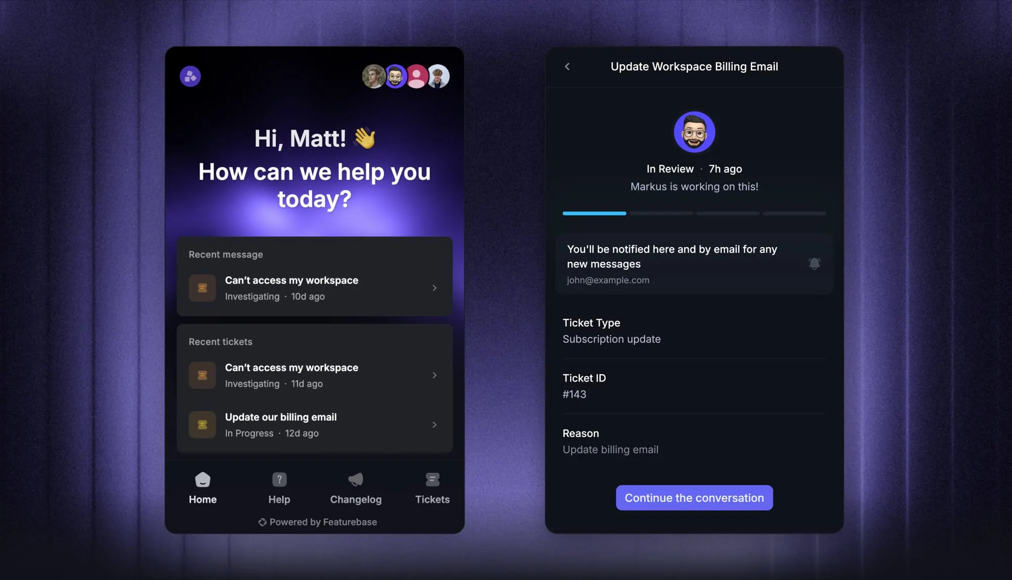 Featurebase's embeddable Messenger widget so customers can track their tickets progress.