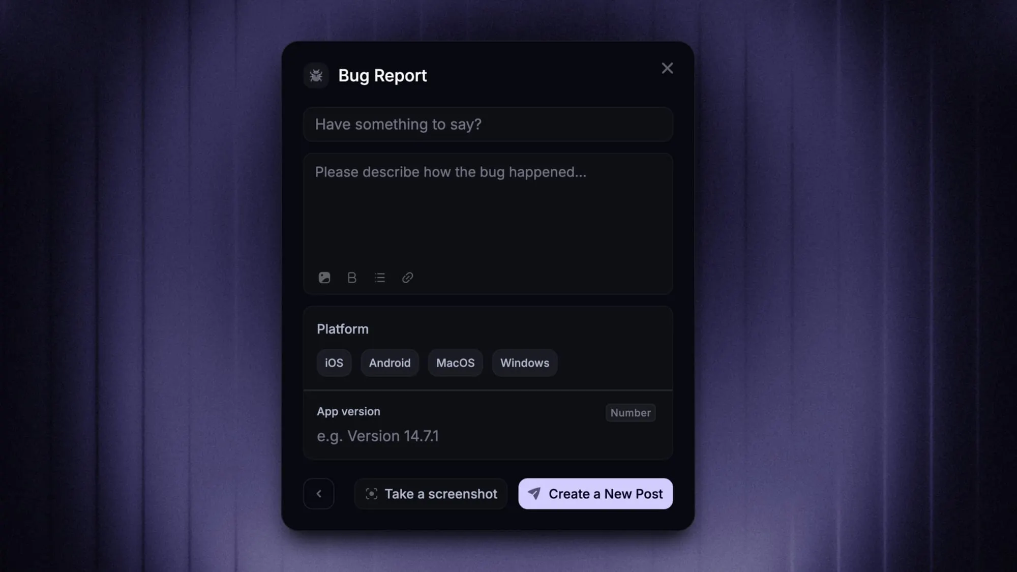 Featurebase's in-app bug reporting widget.