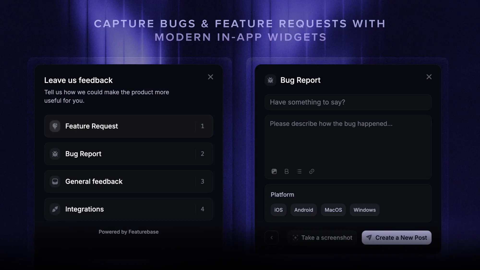 Featurebase's in-app feedback widget for collecting bug reports and feature requests.