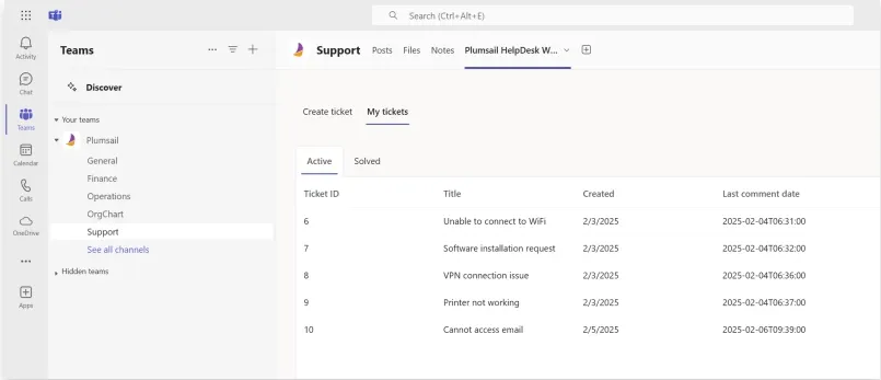 Microsoft Team's ticketing system