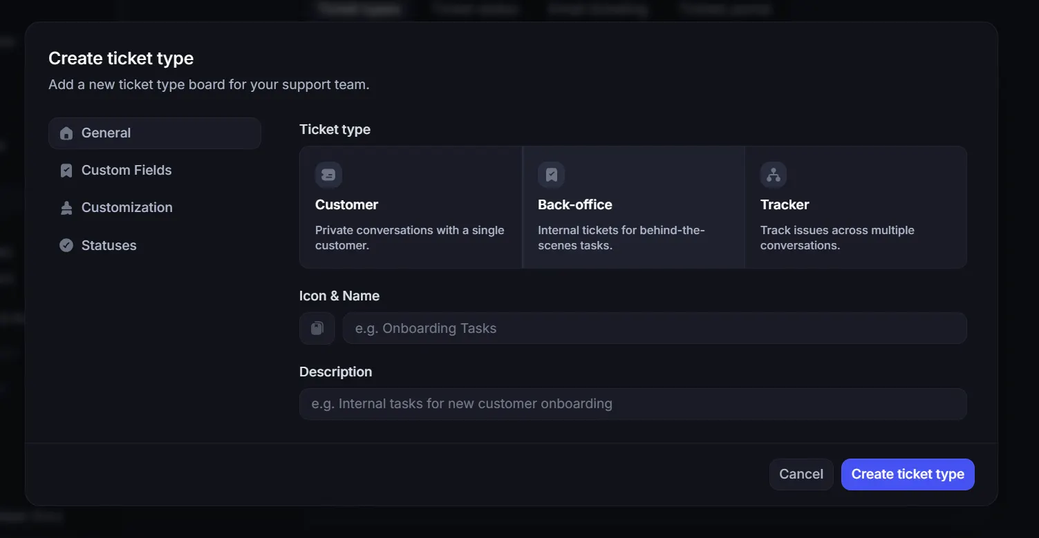 Featurebase dark-mode “Create ticket type” screen showing a setup flow for support teams, with sidebar steps, ticket type choices for Customer, Back-office, and Tracker, plus fields for icon and name, description, and buttons to cancel or create the ticket type.