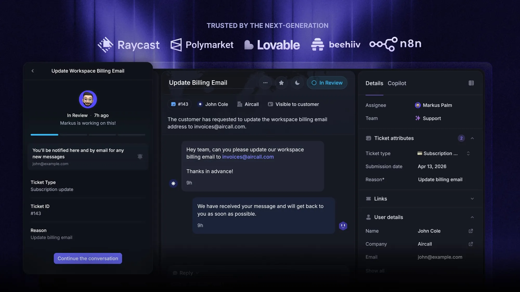 Tickets in Featurebase help you solve complex issues more efficiently and keep the conversation going.
