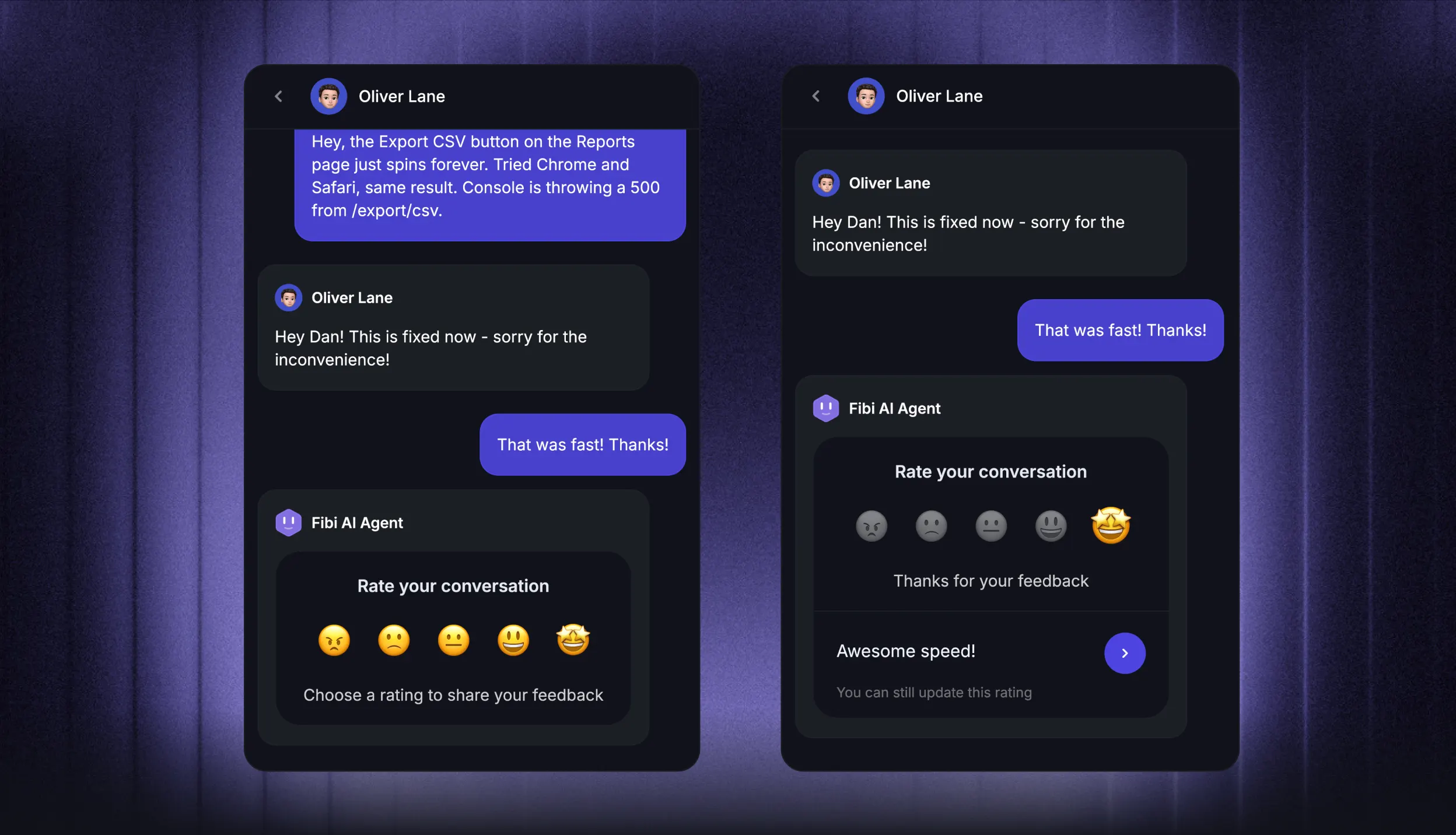 Featurebase Messenger showing a five-point satisfaction survey, a customer's rating, and a written comment.