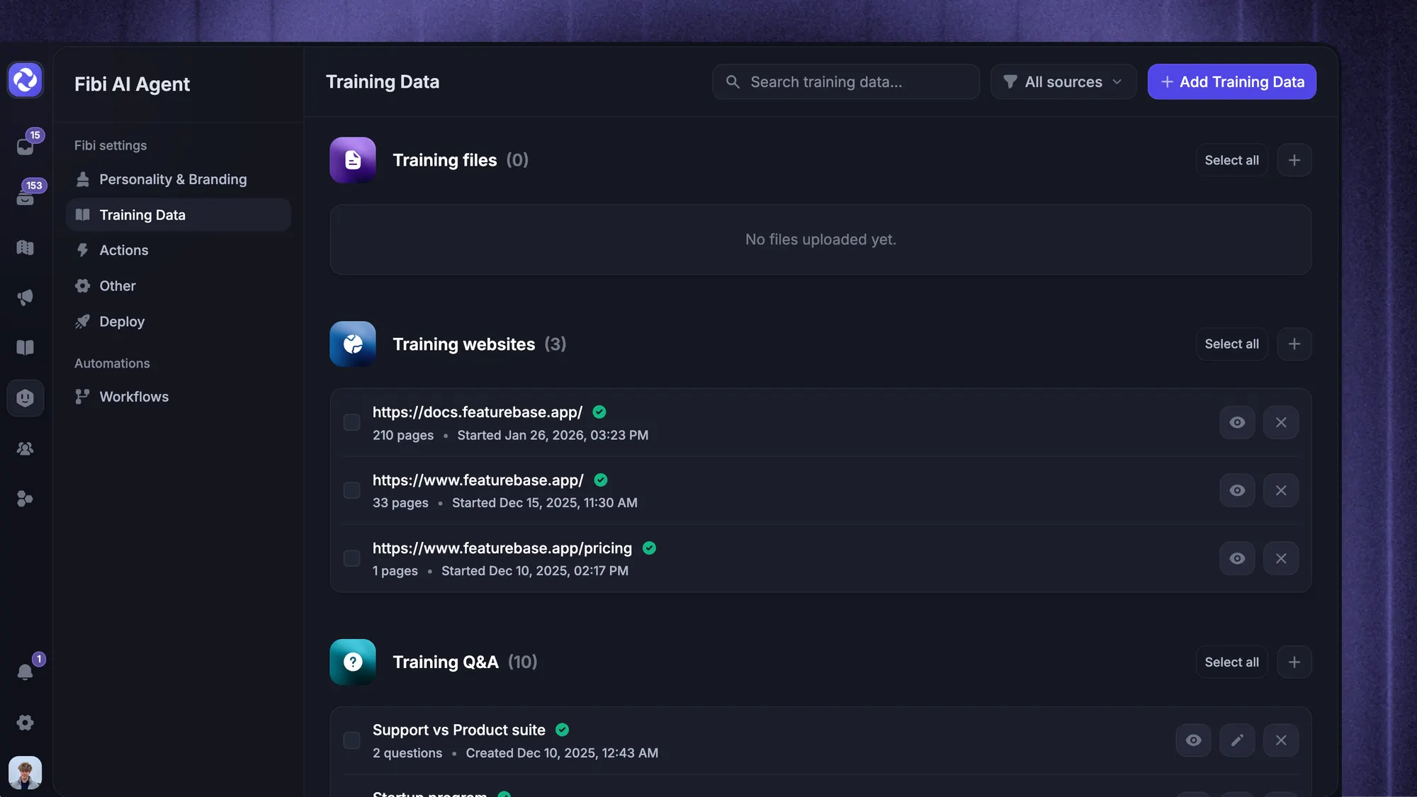 Adding custom training data like websites, custom answers, and help center to your chatbot.