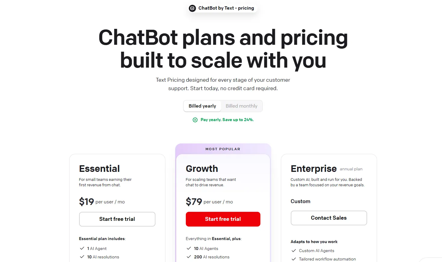 ChatBot's pricing page