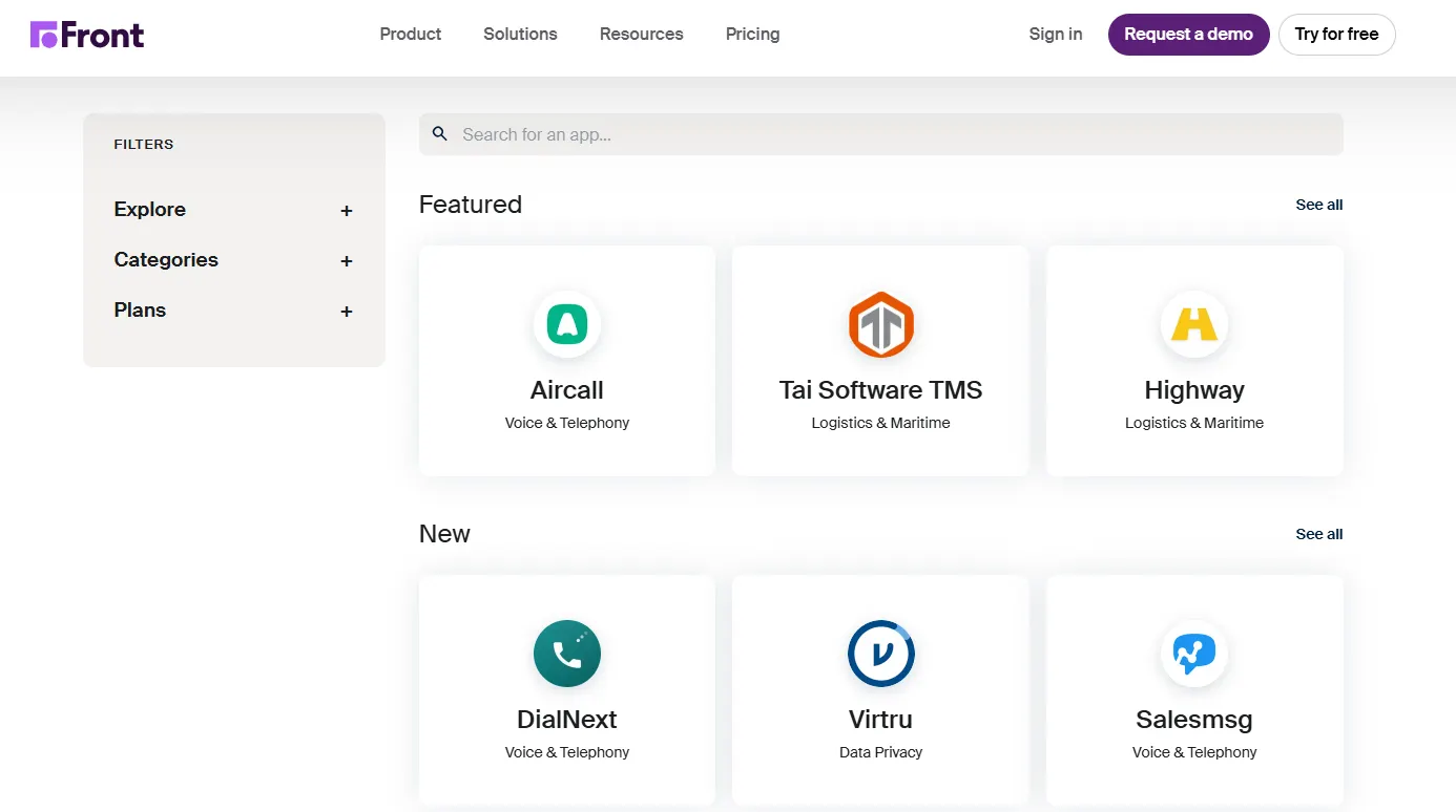 Screenshot of Front’s integrations marketplace showing featured and new apps like Aircall, Tai Software TMS, Highway, DialNext, Virtru, and Salesmsg.