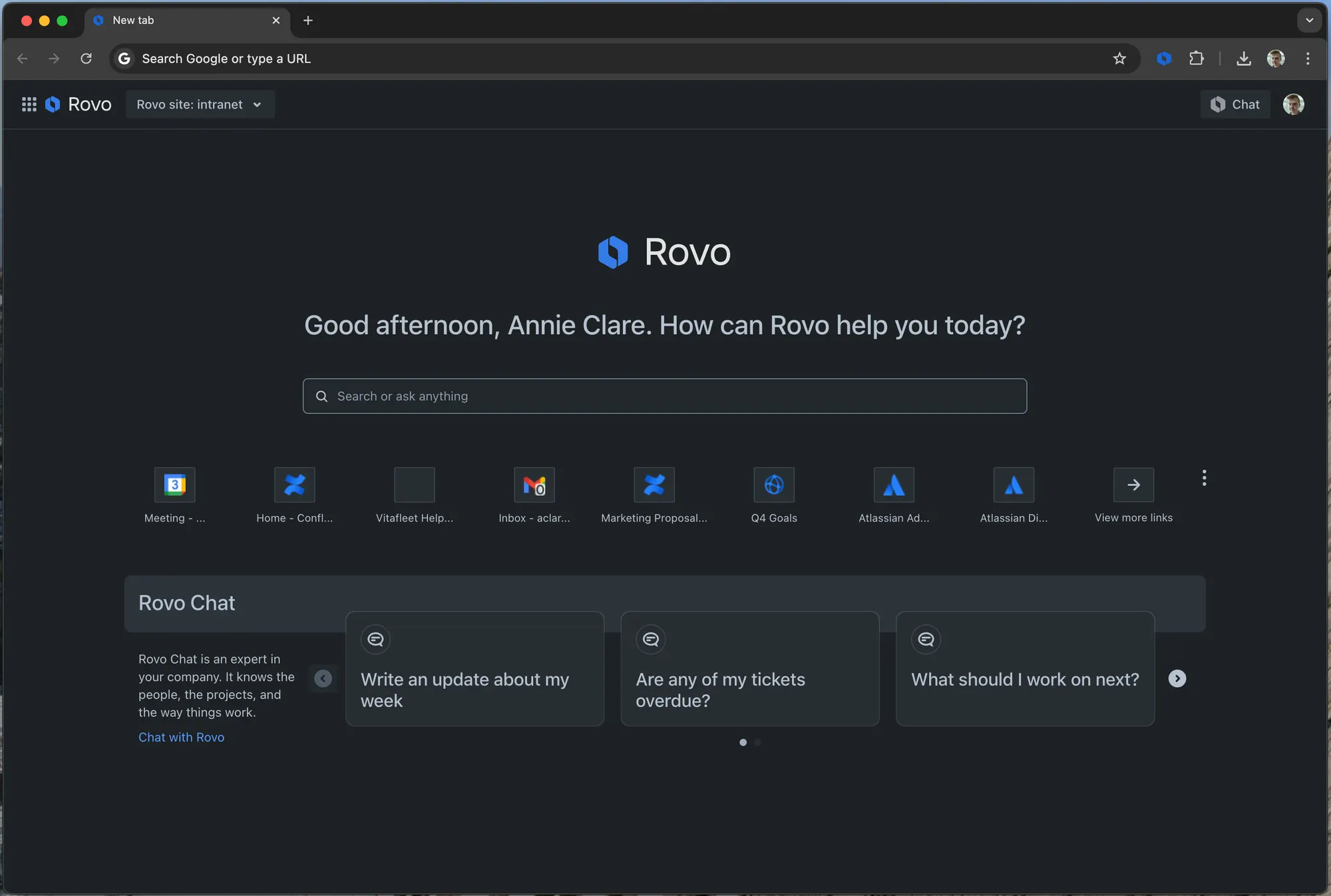 Screenshot of Rovo Chat on a dark Atlassian start page with suggested prompts for asking questions and getting work updates.