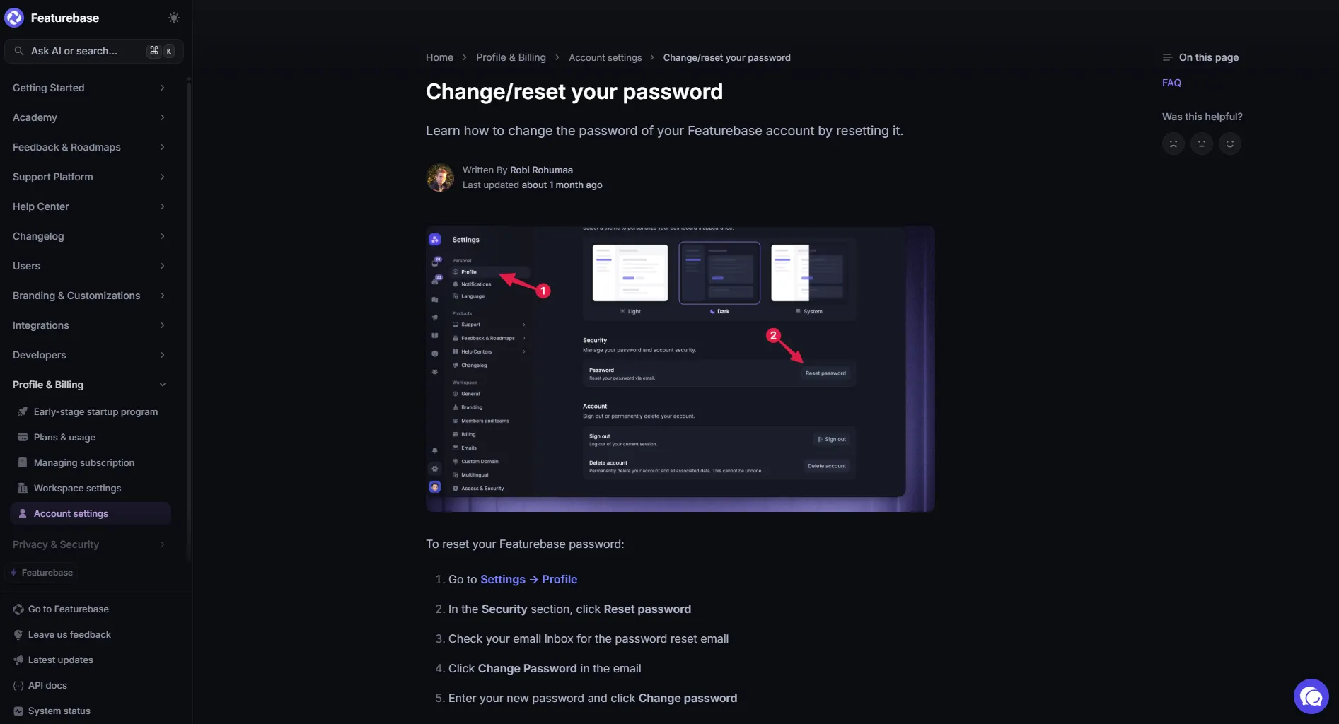 Screenshot of a Featurebase help center article titled “Change/reset your password,” showing step-by-step instructions and an embedded image of account settings where users can change their password.
