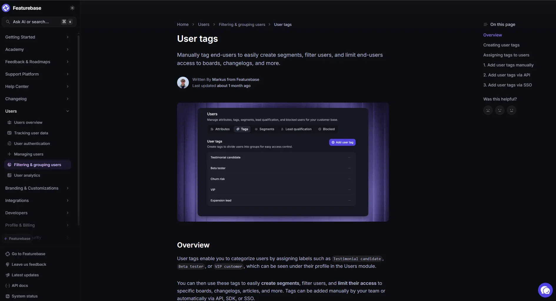 Screenshot of a Featurebase help center article titled “User tags,” showing instructions for manually tagging end users to create segments, filter users, and limit access to boards, changelogs, and more.
