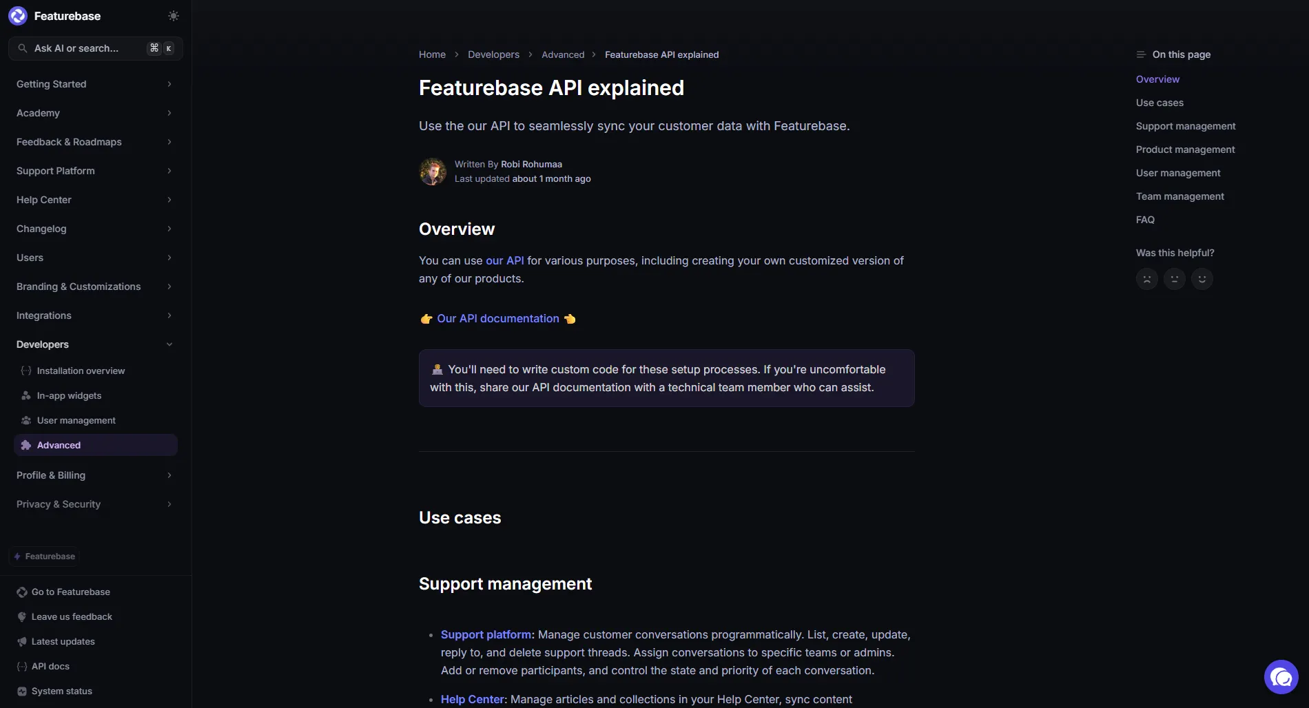 Screenshot of a Featurebase help center article titled “Featurebase API explained,” showing an overview of API use cases for syncing customer data and managing support, feedback, and help center content.