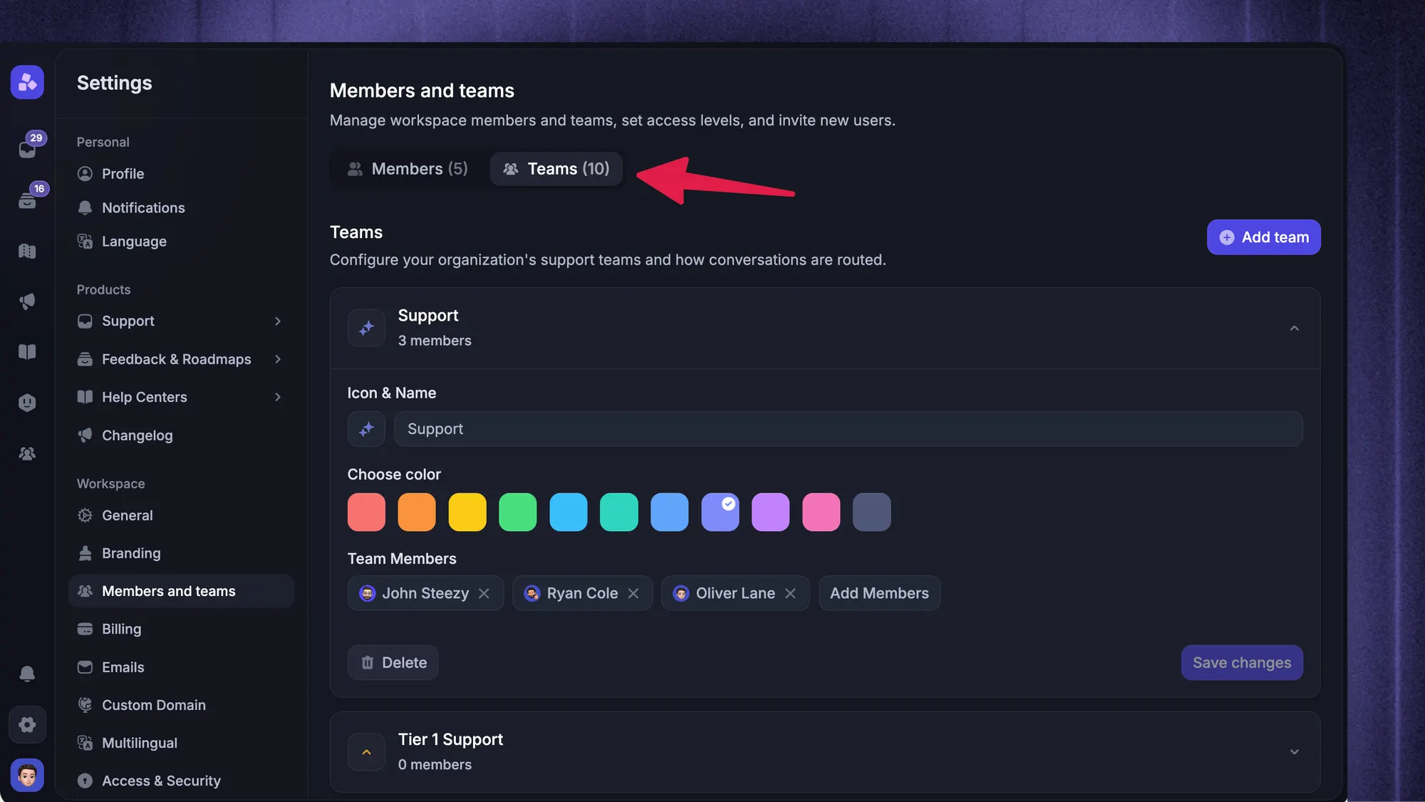 Featurebase settings screen showing the Teams tab in Members and teams.