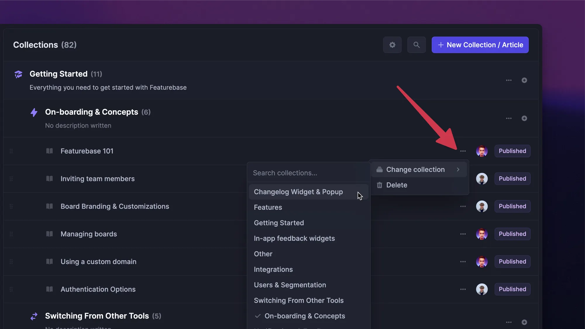 Featurebase help center collection menu showing the Change collection option.