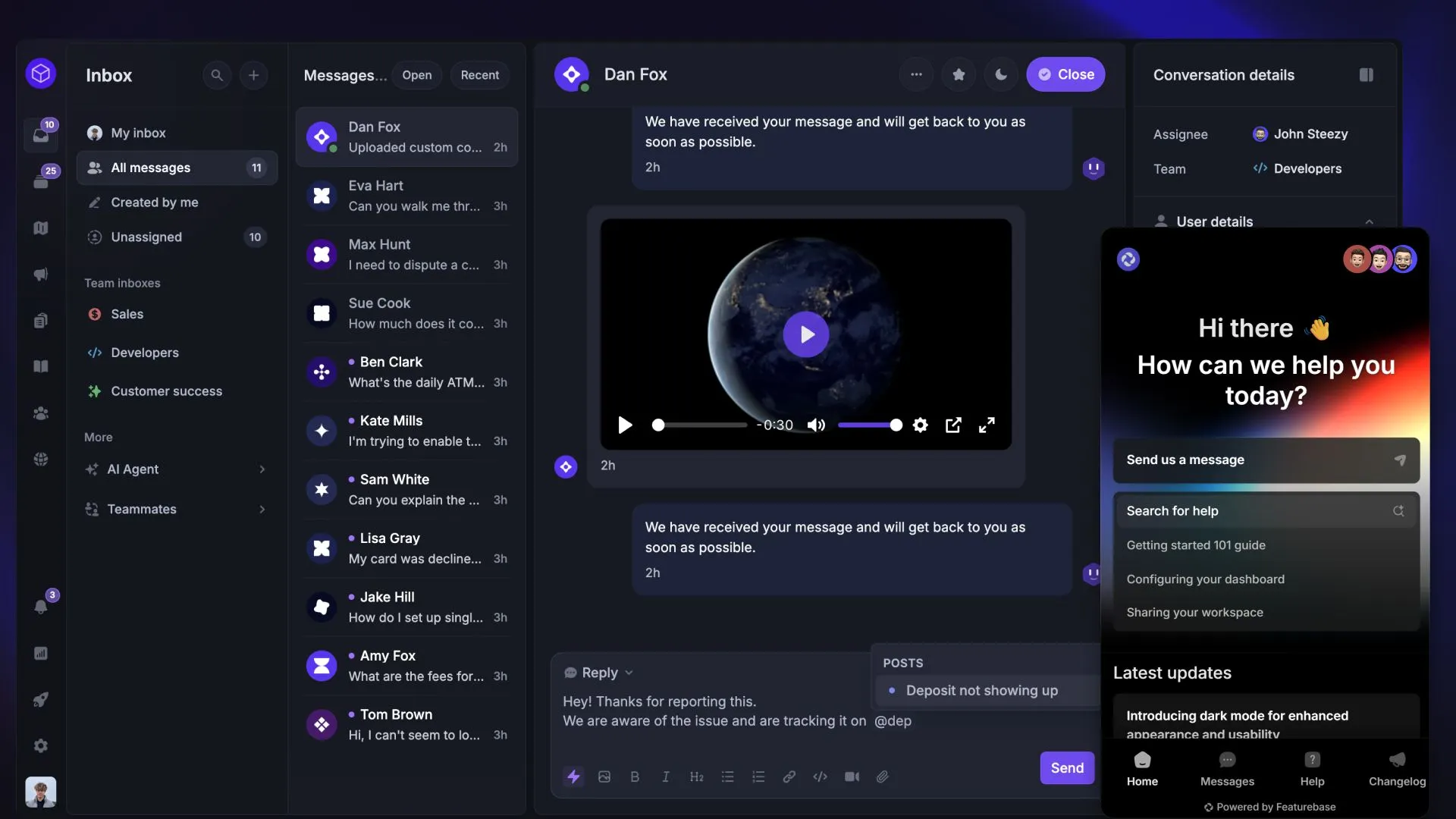 Featurebase inbox and help widget showing customer conversations, self-service articles, and in-app support in one workspace.