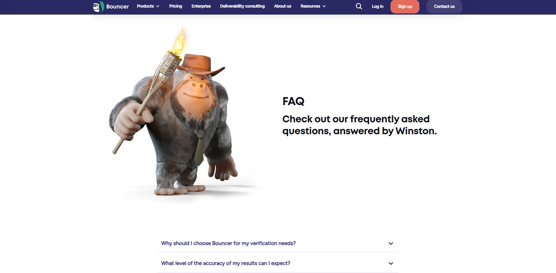 FAQ page with a Winston mascot illustration, a short FAQ heading, and accordion-style questions below the hero section.