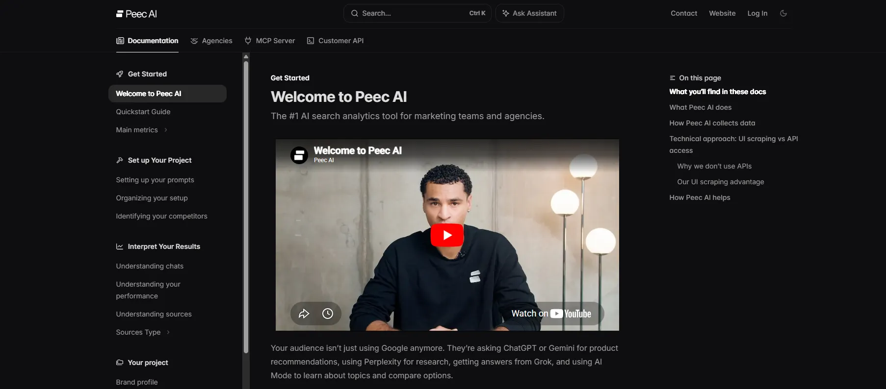 AI documentation page with a dark interface, sidebar navigation, search bar, embedded welcome video, and table of contents for getting started topics.