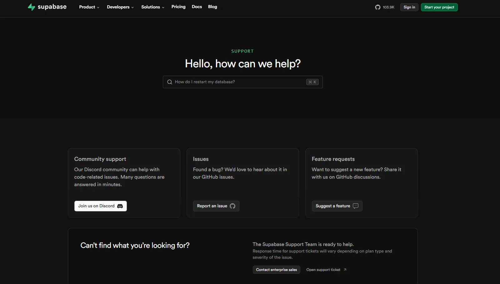 Supabase support page with a dark hero section, central search bar, support option cards for community, issues, and feature requests, plus links to contact the support team.