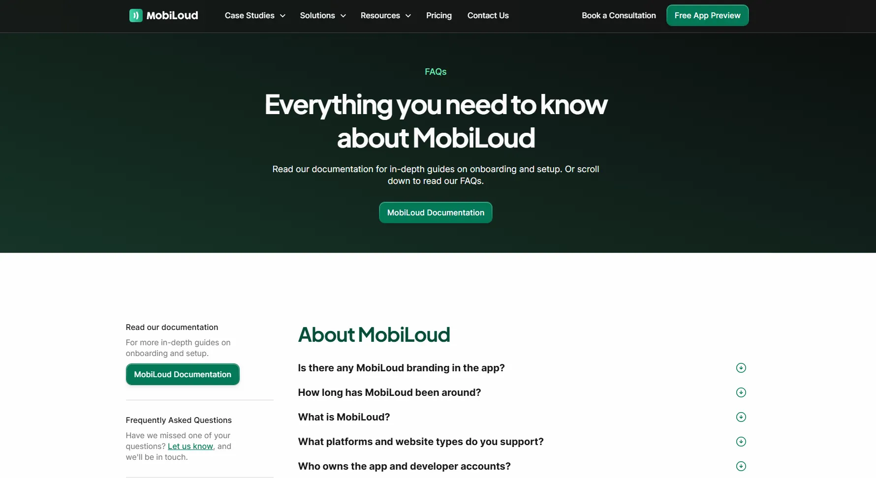 MobiLoud FAQ page with a dark green hero section, documentation CTA, sidebar support links, and accordion-style questions about the product, supported platforms, and app ownership.