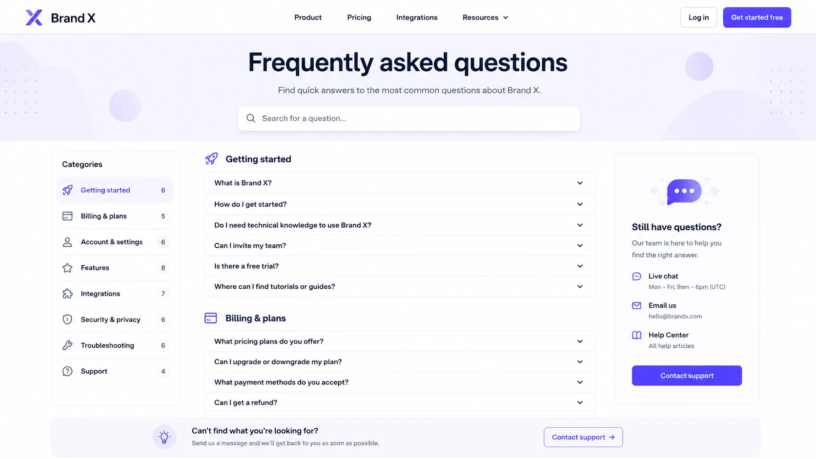 A modern SaaS FAQ page for “Brand X,” showing a search bar, categorized FAQ sections, accordion-style questions, and a support contact card.