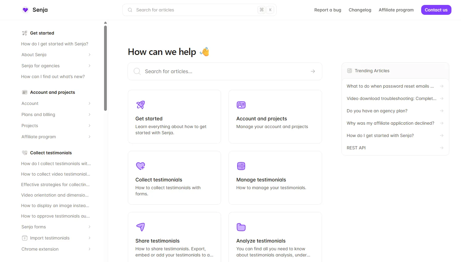 Senja’s knowledge base homepage with a search bar, help categories, and trending articles.