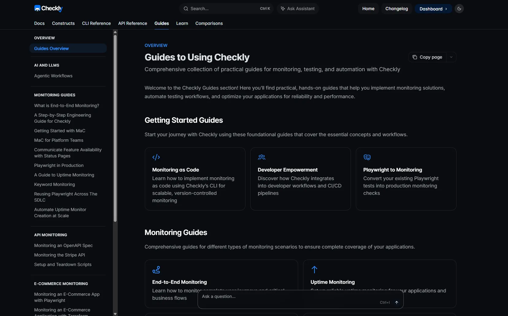 Checkly’s knowledge base showing developer guides, API references, an AI assistant, and monitoring docs.