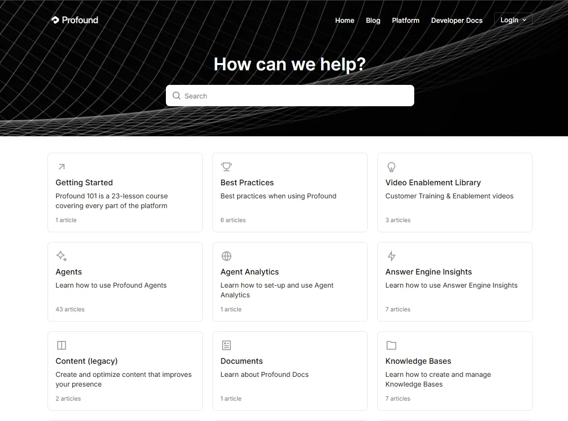 Profound’s knowledge base homepage with a search bar and categories for onboarding, agents, analytics, and docs.