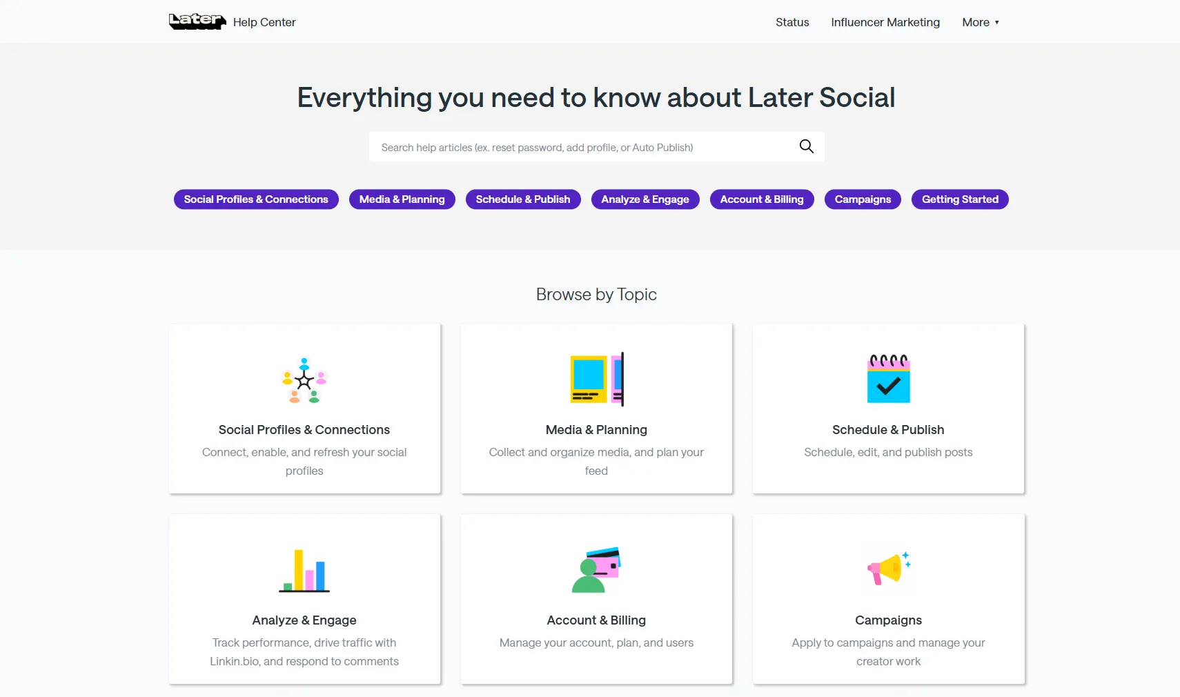 Later’s help center homepage with topic categories for social profiles, media planning, scheduling, analytics, billing, and campaigns.