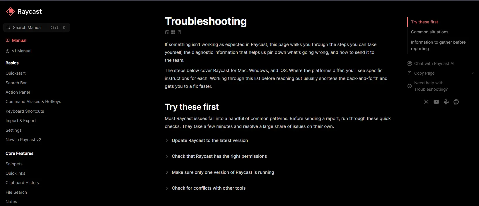 Raycast’s troubleshooting knowledge base page with symptom-based support topics and quick fix steps.